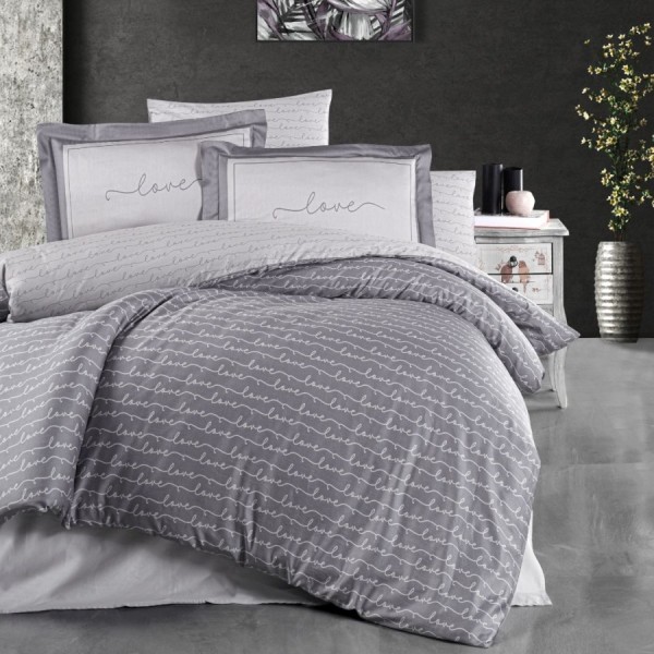 Lenjerie de pat bumbac satin de lux 6 piese First Choice Love gri cu imprimeu modern love
