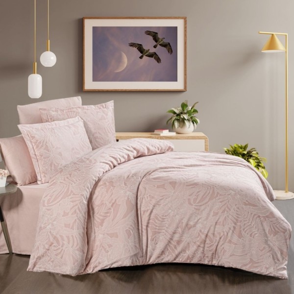 Lenjerie de pat First Choice Lucas Roz Pudra bumbac satinat 220 TC cu imprimeu frunze tropicale roz pal