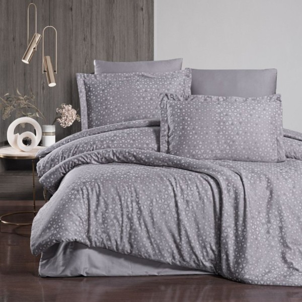 Lenjerie de pat First Choice Megan Gri bumbac satinat 220 TC model geometric cu triunghiuri gri argintiu