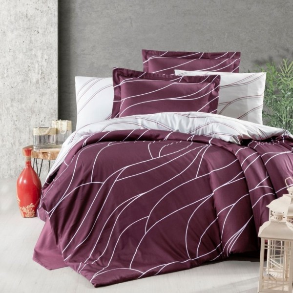 Lenjerie de pat bumbac satin de lux 6 piese First Choice Mesi Bordo cu design modern si linii albe