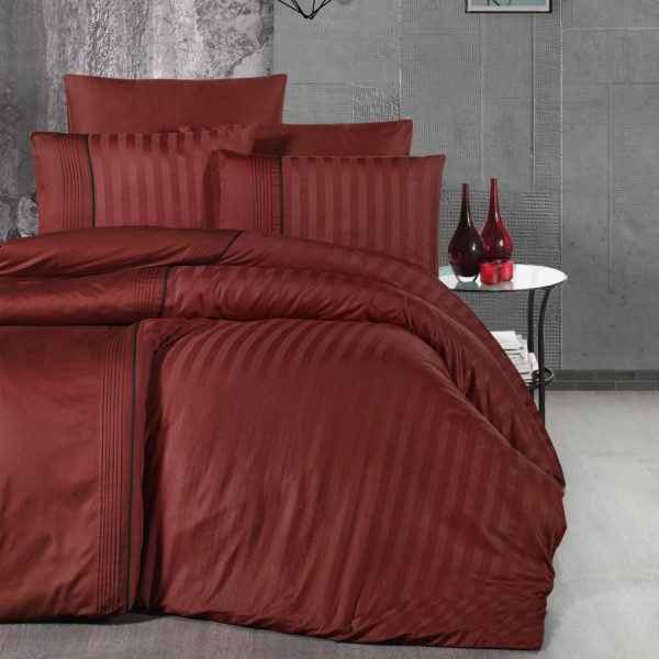 Lenjerie de pat bumbac satin de lux 6 piese First Choice Moda Life Cinnamon cu model in dungi satinate si detalii contrastante