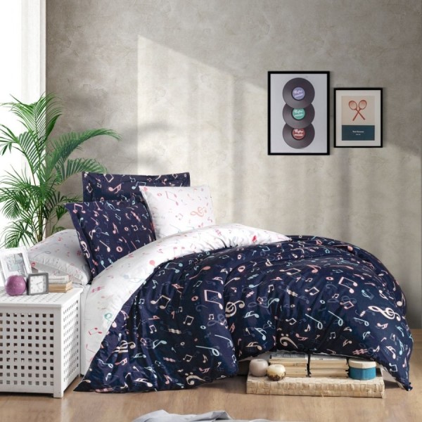 Lenjerie de pat bumbac satin de lux 6 piese First Choice Muses cu design modern bleumarin si note muzicale