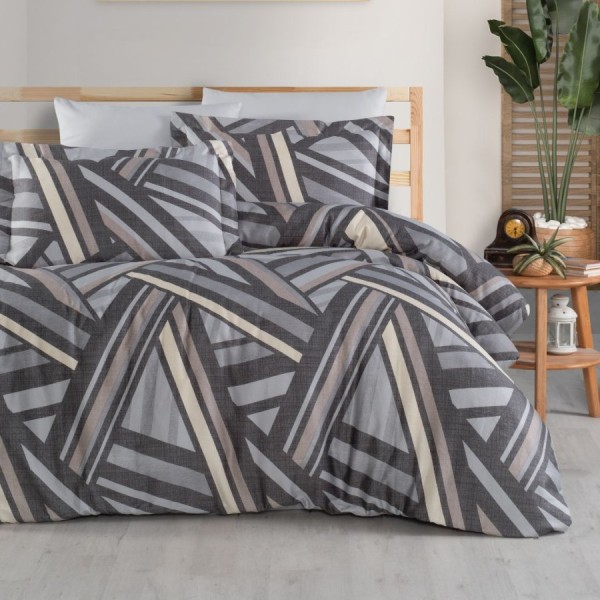 Lenjerie de pat First Choice Radolf bumbac satinat 220 TC model geometric cu dungi gri antracit bej si crem