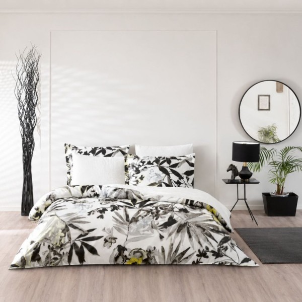 lenjerie de pat bumbac satinat TAC Delux Digital Grenada design floral alb negru