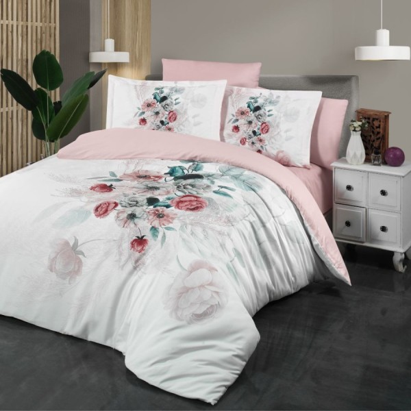 Lenjerie de pat 3D bumbac satin de lux 6 piese First Choice Glen cu imprimeu floral pastel si efect realist