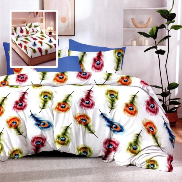 Lenjerie de pat din finet cu 6 piese, model pene de păun colorate pe fundal alb