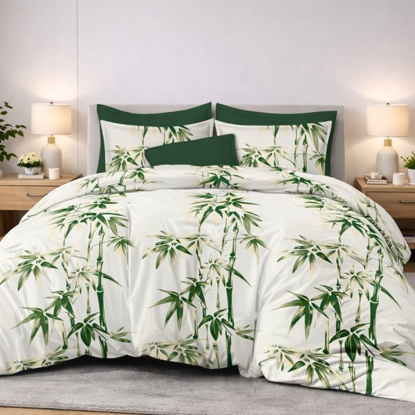 Lenjerie de pat finet cu elastic bambus verde 6 piese design natural modern dormitor