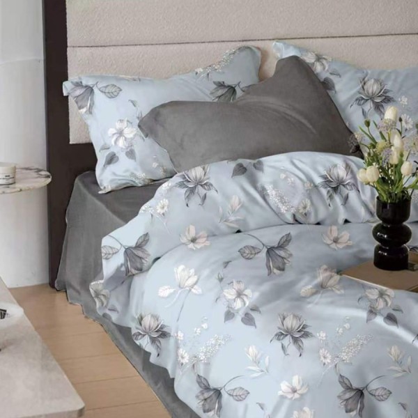 Lenjerie de pat finet cu elastic 6 piese bleu cu flori design elegant modern
