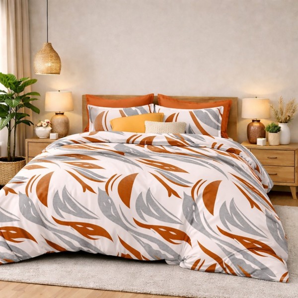Lenjerie de pat finet cu elastic 6 piese model abstract portocaliu gri modern