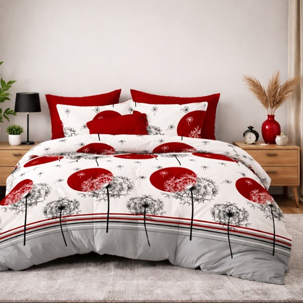 Lenjerie de pat finet cu elastic 6 piese papadii rosii design modern alb negru rosu