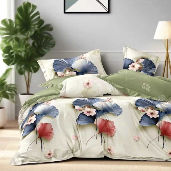 Lenjerie pat finet cu elastic crem, model cu flori elegante bleu si accente caramizii, 6 piese
