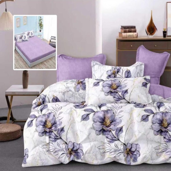 Lenjerie de pat cu elastic din finet, 6 piese, design cu flori mov pe alb