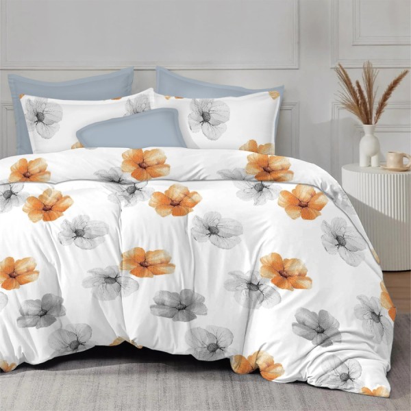 Lenjerie de pat finet cu elastic 6 piese flori portocalii gri design modern elegant