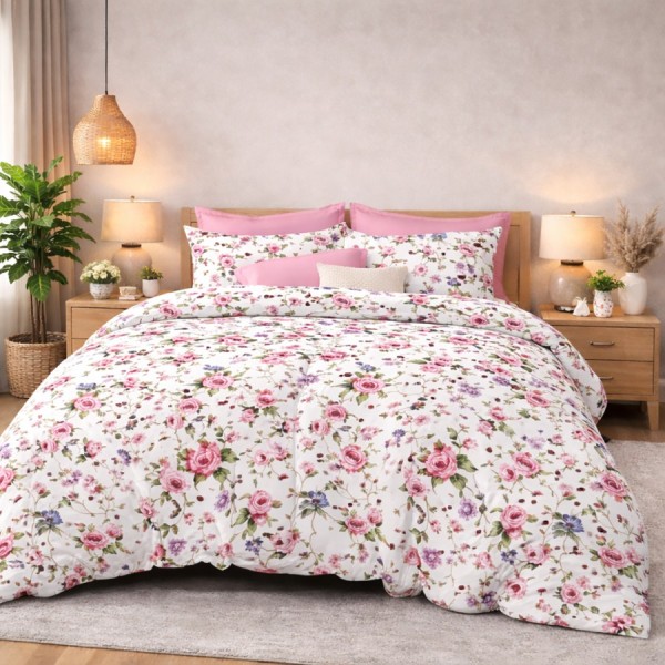 Lenjerie de pat finet cu elastic flori roz 6 piese design floral romantic elegant