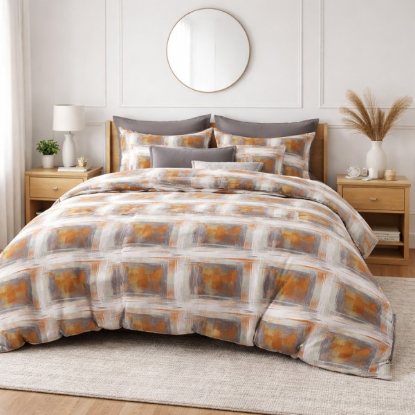 Lenjerie de pat finet cu elastic abstract gri caramel 6 piese design modern elegant
