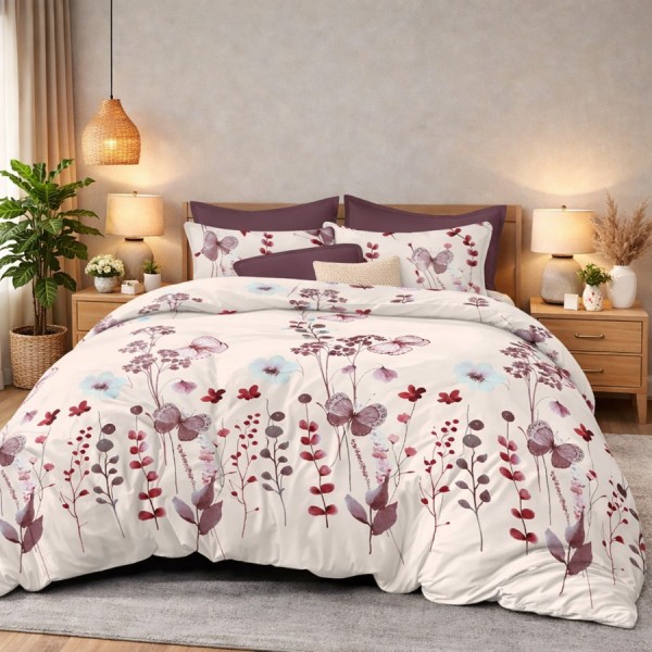Lenjerie de pat finet cu elastic Flori si fluturi mov, 6 piese design floral delicat dormitor