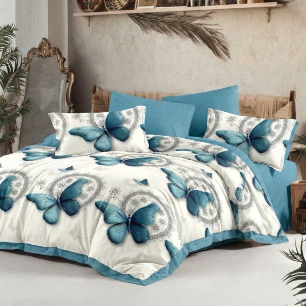 Lenjerie pat finet cu elastic bleu, model cu fluturi bleu si cercuri decorative gri pe fundal alb, 6 piese