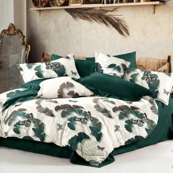 Lenjerie pat finet cu elastic verde inchis, model cu frunze verzi si fluturi pe fundal alb, 6 piese