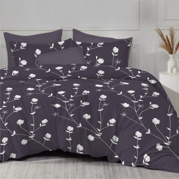Lenjerie de pat finet cu elastic flori gri inchis 6 piese design floral modern elegant