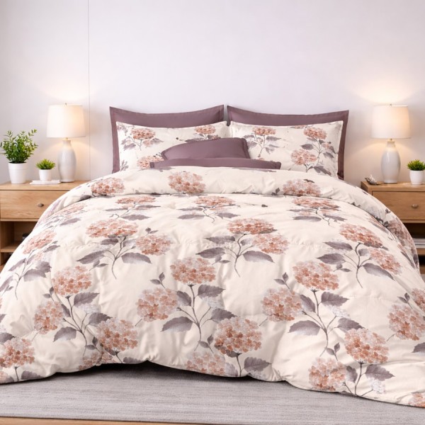 Lenjerie de pat finet cu elastic hortensii crem 6 piese design floral elegant dormitor