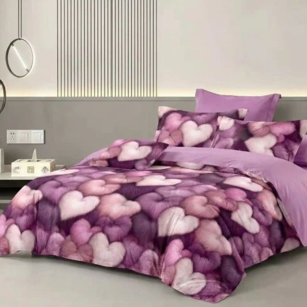 Lenjerie de pat cu elastic din fineti inimi roz-mov 6 piese