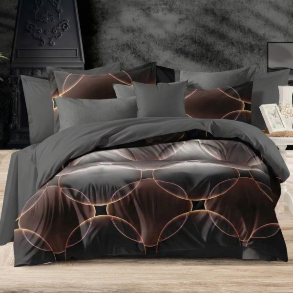 Lenjerie pat finet cu elastic gri inchis, model geometric cu cercuri gri-negru si accente cupru, 6 piese