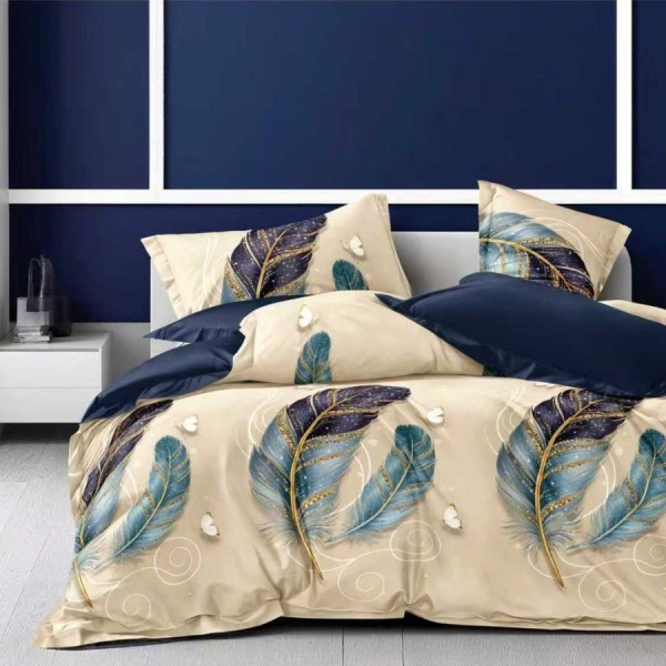 Lenjerie pat finet cu elastic bej bleumarin, model cu pene bleu si auriu, 6 piese