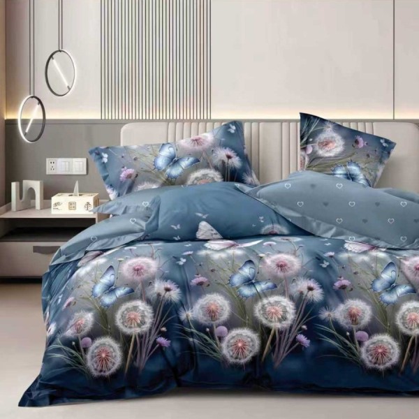 Lenjerie pat finet cu elastic albastru, model cu puf de papadie si fluturi pastel, 6 piese