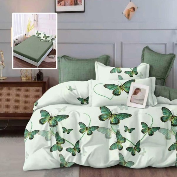 Lenjerie de pat cu elastic din finet, 6 piese, verde cu fluturi, bumbac 100%