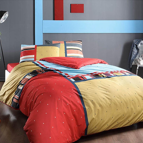 Lenjerie de pat cu elastic pentru saltea de 160x200 cm, din bumbac 100% ranforce, cu design modern în culori roșu, galben și albastru