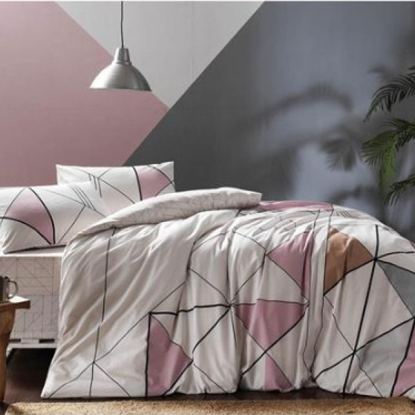 Lenjerie de pat cu elastic pentru saltea de 160x200 cm, din bumbac 100% ranforce, cu design geometric în nuanțe de gri, roz și bej
