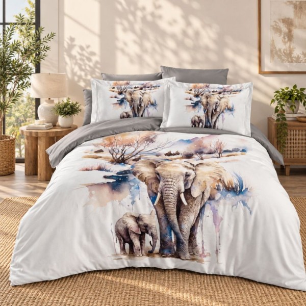 Lenjerie pat 3D bumbac satin de lux cu elefanti Safari, 6 piese, ambalaj cadou