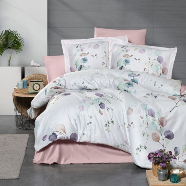 Lenjerie pat 3D bumbac satin de lux cu frunze pastel, Leaf, 6 piese, ambalaj cadou