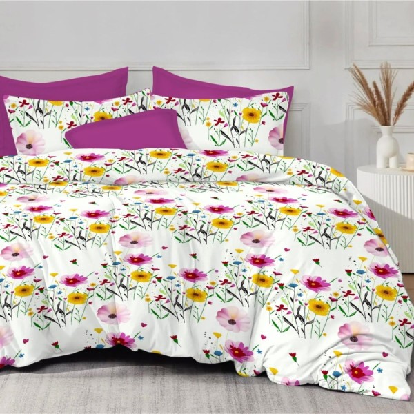 Lenjerie de pat din finet 6 piese flori multicolore pe alb