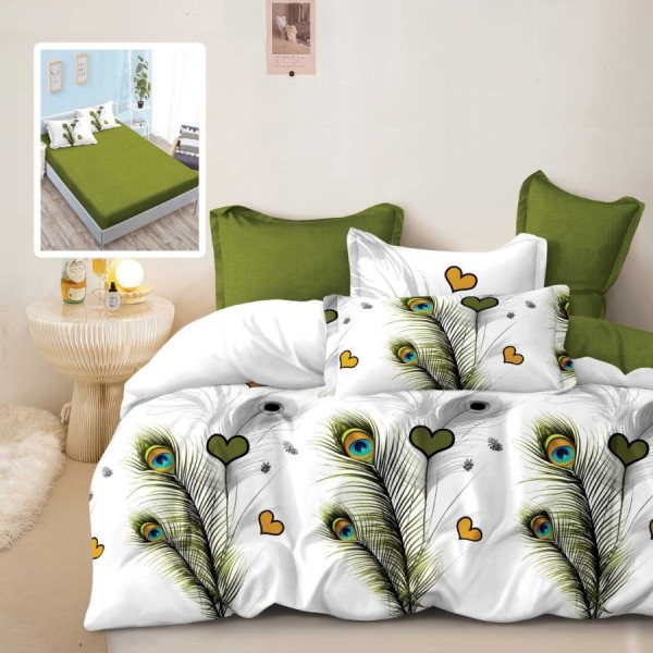 Lenjerie pat finet cu elastic 6 piese pene de paun cu cearceaf verde