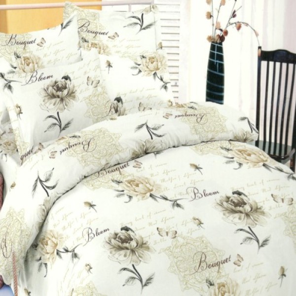Lenjerie de pat dublu bumbac 100% Floral Bej cu imprimeu de flori bej și verde pe fundal alb, cu motive stilizate și inscripții romantice