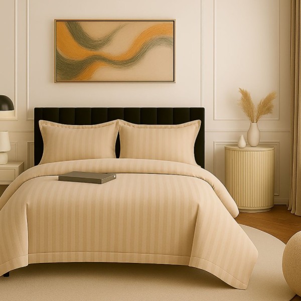 Lenjerie de pat cappuccino din damasc policoton 4 piese cu dungi fine