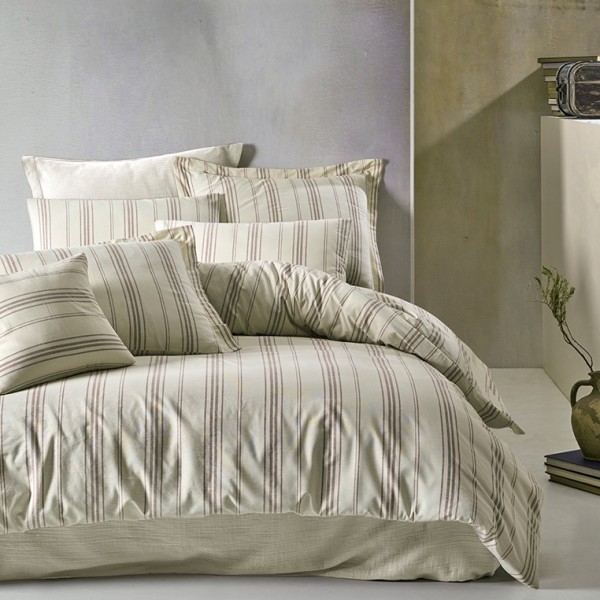 Lenjerie pat bumbac 100% Nazenin Home cu dungi maro pe fond crem Natural Brown 6 piese