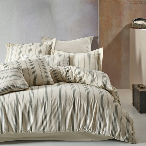 Lenjerie de pat model dungi verzi și bej pe fundal crem, pat dublu, din bumbac 100% natural, Nazenin Home Natural Green