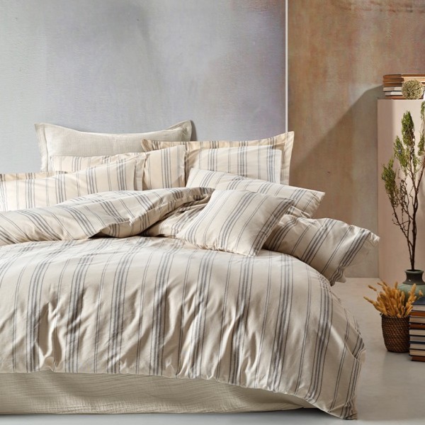 Lenjerie de pat model dungi gri și bej pe fundal crem, pat dublu, din bumbac 100% natural, Nazenin Home Natural Grey