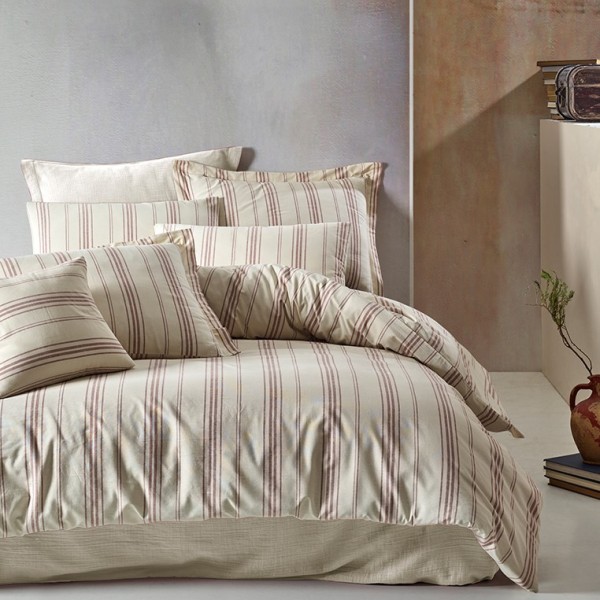Lenjerie de pat model dungi roșii și bej pe fundal crem, pat dublu, din bumbac 100% natural, Nazenin Home Natural Red