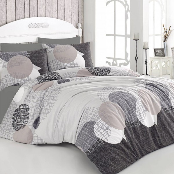 Lenjerie de pat dublu bumbac 100% Ranforce Jadore cu design modern în cercuri și nuanțe de gri și bej pe fundal alb