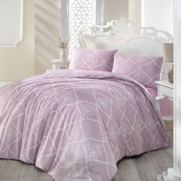 Lenjerie de pat dublu din bumbac 100% ranforce cu design elegant în nuanțe de lila și motive geometrice albe
