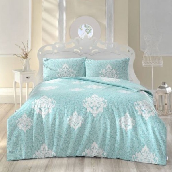 Lenjerie de pat dublu din bumbac 100% ranforce cu design elegant în nuanțe de mentă și motive florale albe