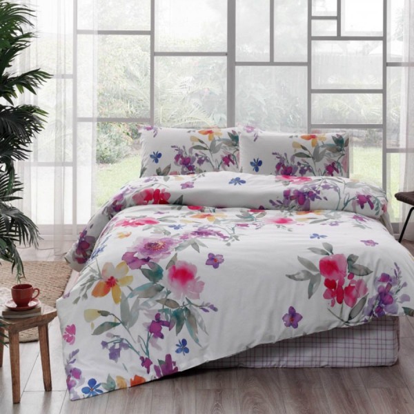 Lenjerie de pat dublu din bumbac ranforce cu model floral în nuanțe de roz, mov și verde pe fundal alb