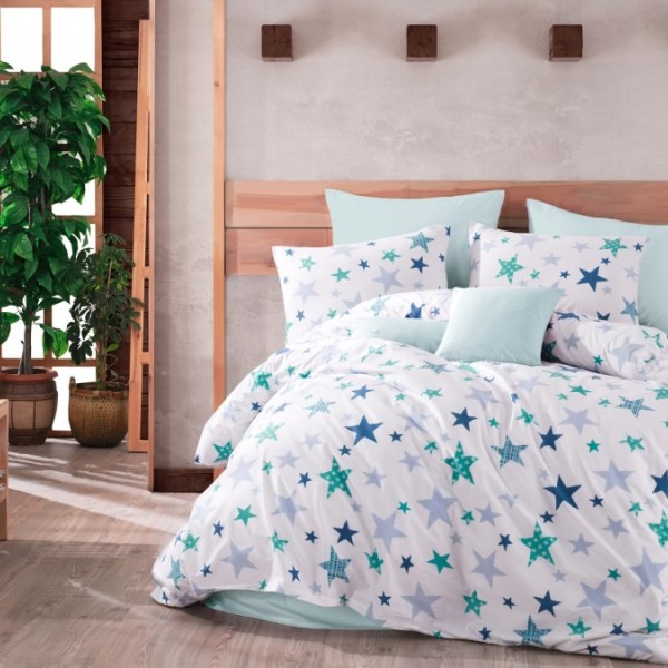 Lenjerie de pat Galaxy Green din bumbac 100% ranforce cu design de stele în nuanțe de albastru și verde, Bahar Textile