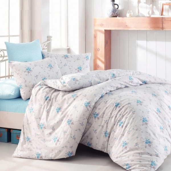Lenjerie de pat dublu bumbac 100% ranforce Bahar Karin alb-bleu cu design floral