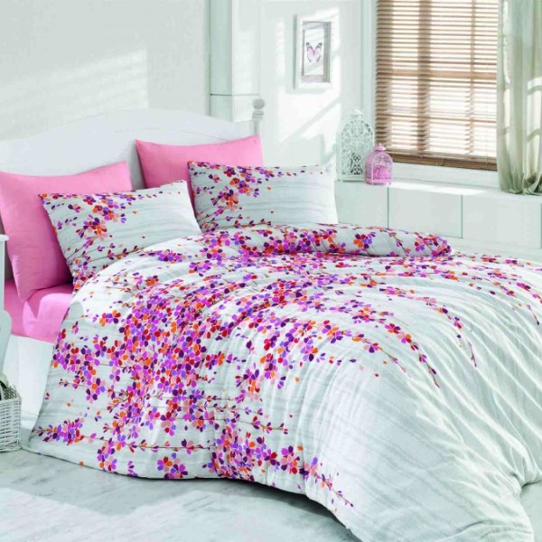 Lenjerie de pat dublu bumbac 100% ranforce alb cu flori roz, mov și portocalii - Bahar Time Pink