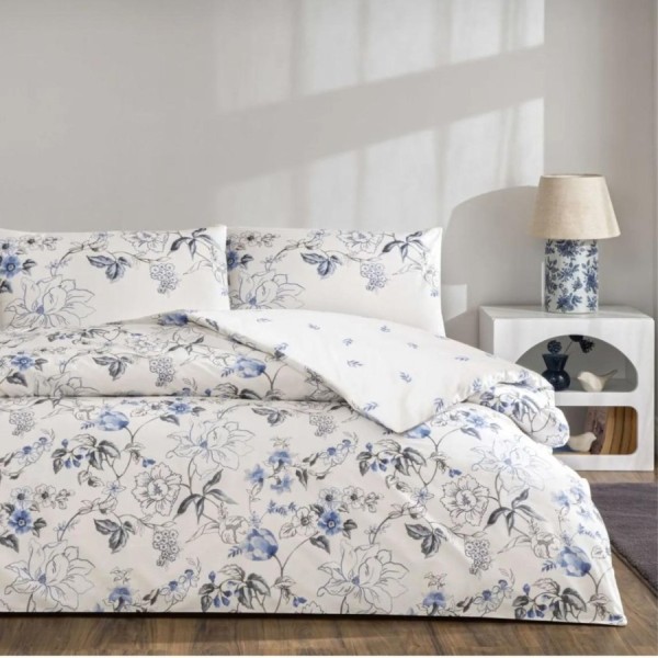 Lenjerie de pat dublu bumbac 100% ranforce, design cu flori albastre, TAC, Luna Mavi