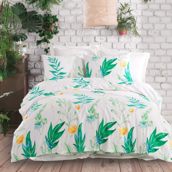 Lenjerie de pat dublu bumbac 100% ranforce cu design de frunze și flori în nuanțe de verde, galben și alb, set de 4 piese